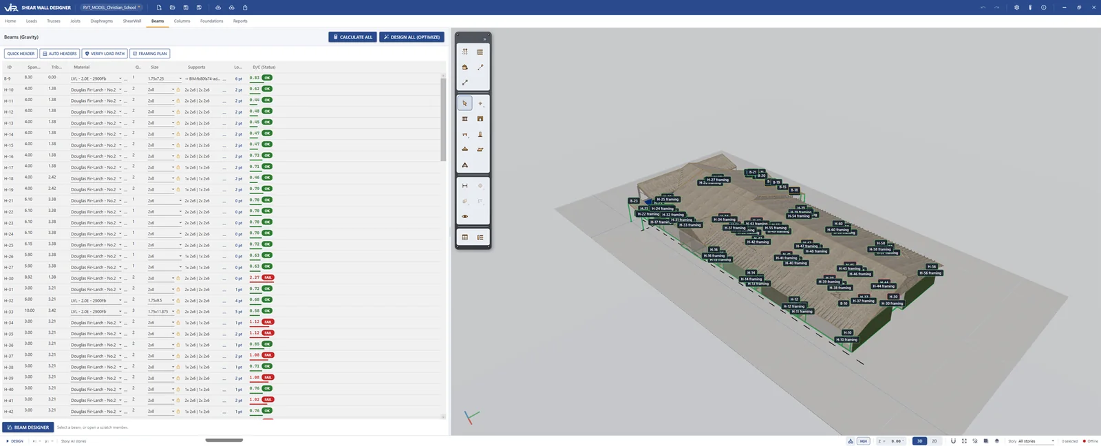 Diseño de vigas, dinteles y jack studs con optimización automática de secciones