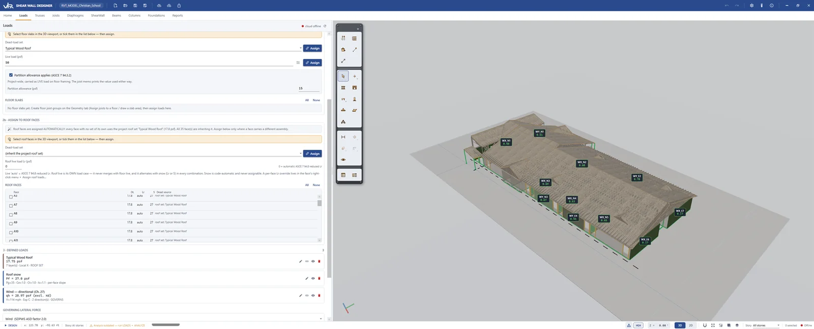 Cargas definidas en Shear Wall Designer 2.0: nieve de techo y viento direccional ASCE 7 Cap. 27, con la fuerza lateral gobernante