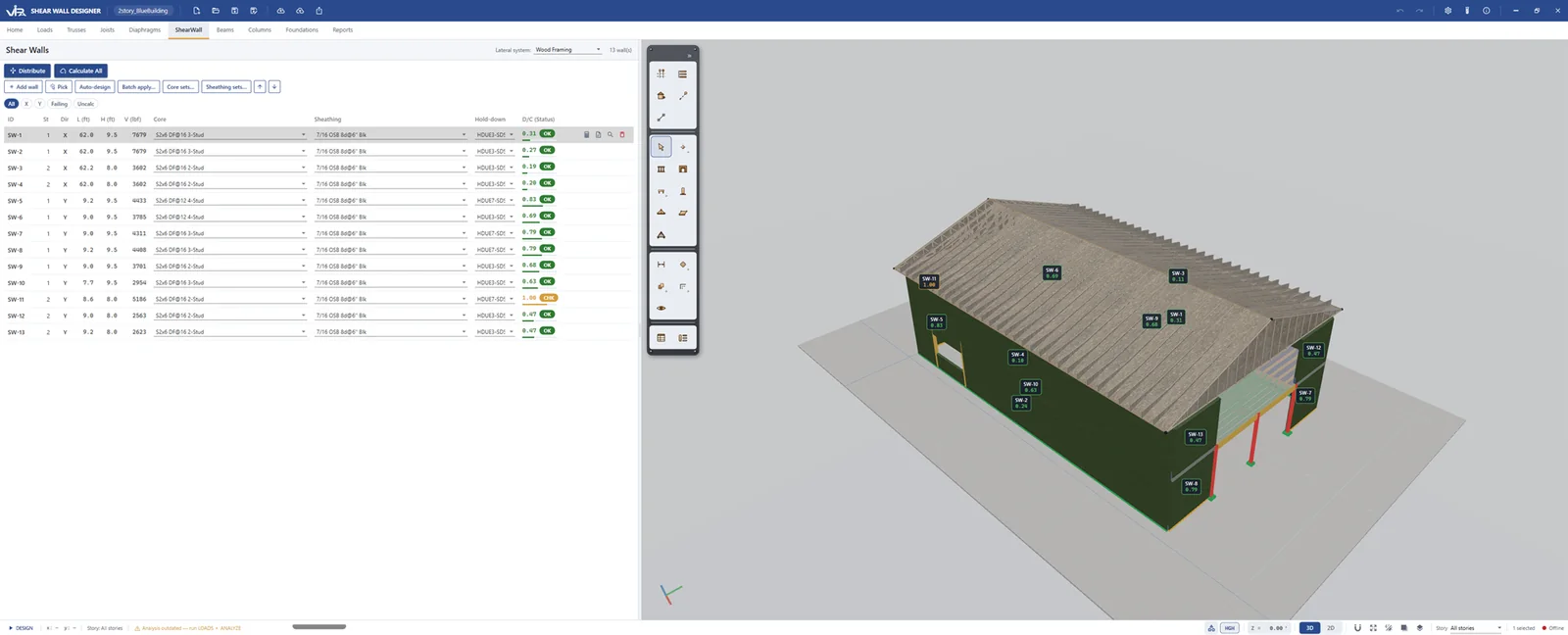 Shear Wall Designer 2.0 dise&ntilde;ando un edificio de dos pisos: la tabla de muros muestra la columna de piso 1 y 2 junto al modelo 3D
