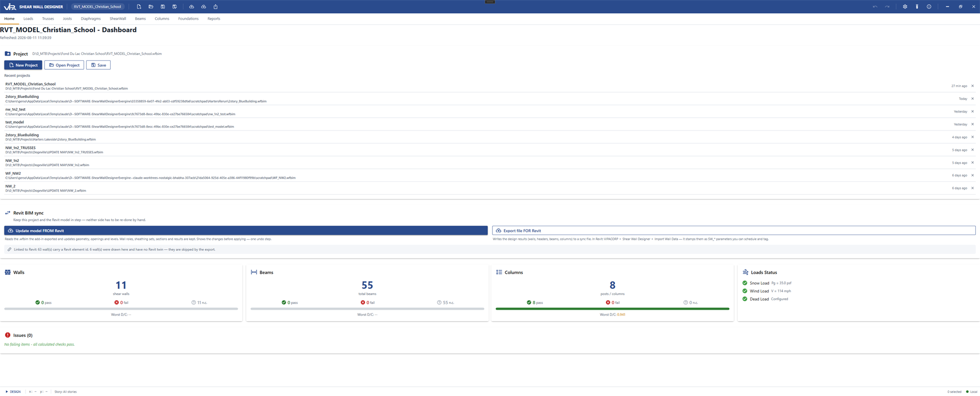 Shear Wall Designer 2.0 — Dashboard del proyecto con sincronización BIM de Revit, muros de corte, vigas y columnas